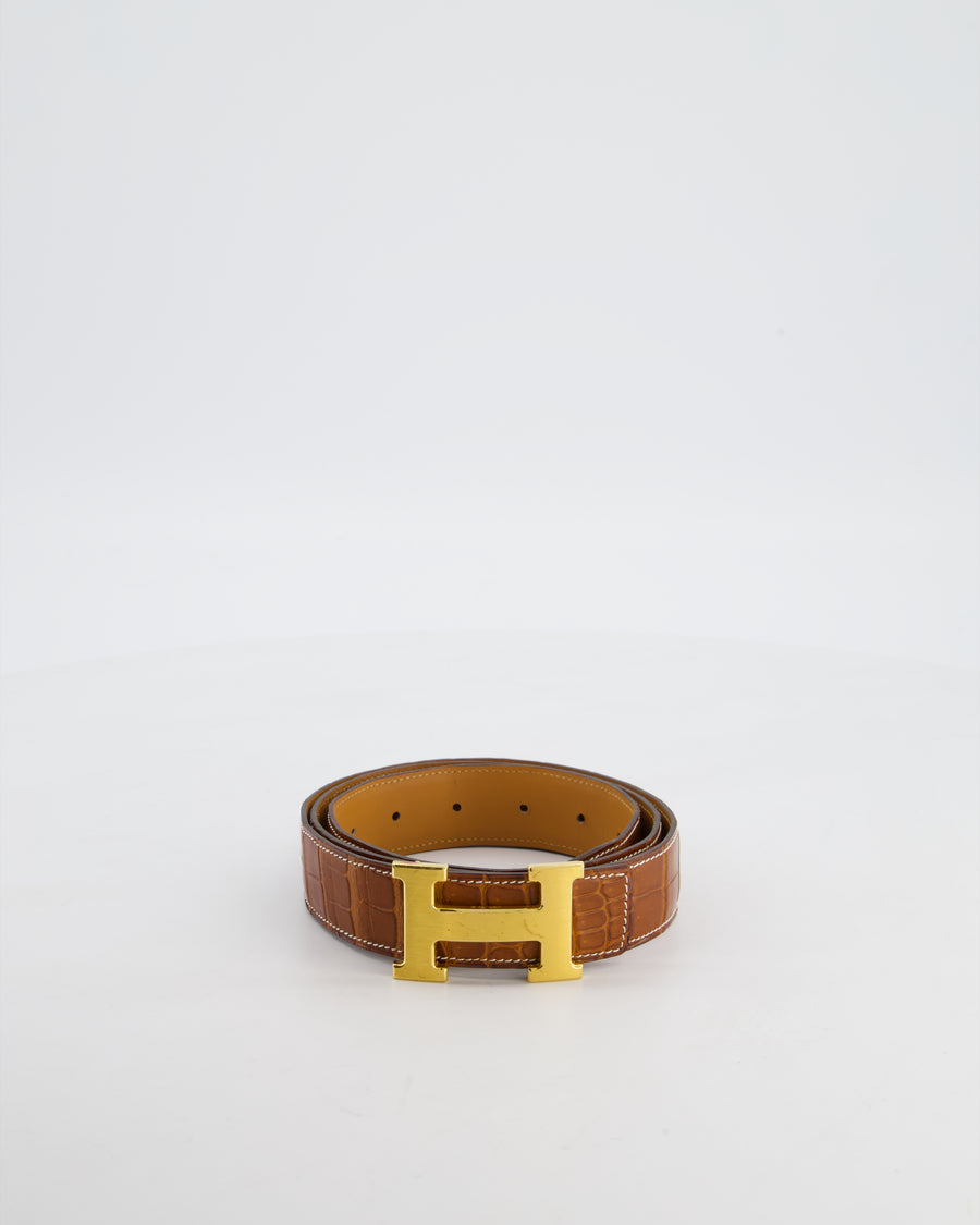 Hermès Constance Leather H Buckle Belt in Fauve Alligator with Gold Hardware Size 100cm