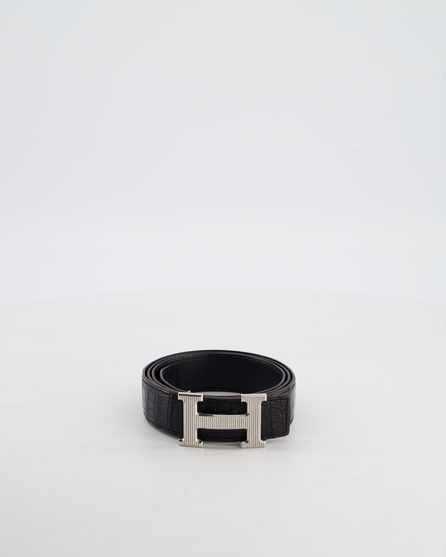 Hermès Black Alligator Leather H Buckle Belt with Palladium Hardware Size 100cm