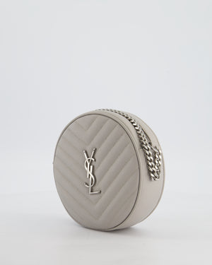 Saint Laurent Grey Vinyle Round Camera Bag in Chevron Grain de Poudre Embossed Leather and Silver Hardware