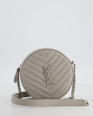 Saint Laurent Grey Vinyle Round Camera Bag in Chevron Grain de Poudre Embossed Leather and Silver Hardware