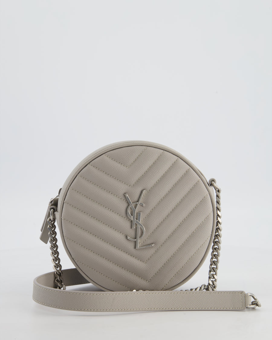 Saint Laurent Grey Vinyle Round Camera Bag in Chevron Grain de Poudre Embossed Leather and Silver Hardware