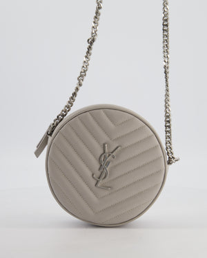 Saint Laurent Grey Vinyle Round Camera Bag in Chevron Grain de Poudre Embossed Leather and Silver Hardware
