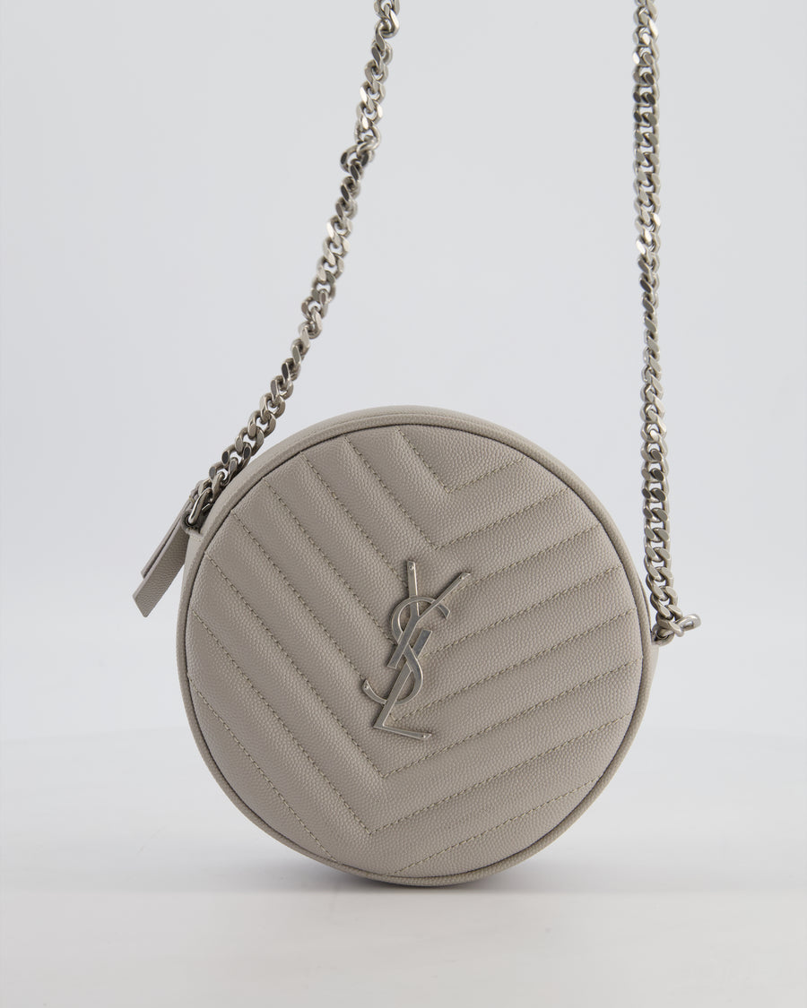 Saint Laurent Grey Vinyle Round Camera Bag in Chevron Grain de Poudre Embossed Leather and Silver Hardware