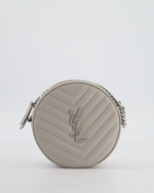 Saint Laurent Grey Vinyle Round Camera Bag in Chevron Grain de Poudre Embossed Leather and Silver Hardware