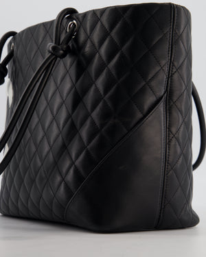 Chanel Black Vintage Cambon Ligne Tote Bag Quilted Lambskin Leather with White CC Logo
