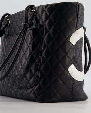 Chanel Black Vintage Cambon Ligne Tote Bag Quilted Lambskin Leather with White CC Logo