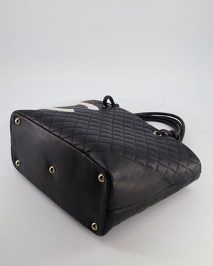 Chanel Black Vintage Cambon Ligne Tote Bag Quilted Lambskin Leather with White CC Logo