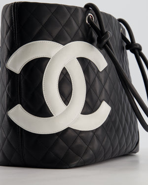 Chanel Black Vintage Cambon Ligne Tote Bag Quilted Lambskin Leather with White CC Logo