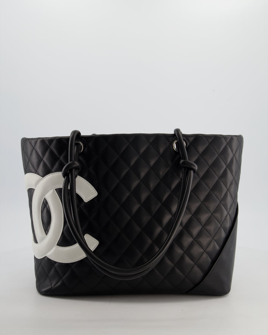 Chanel Black Vintage Cambon Ligne Tote Bag Quilted Lambskin Leather with White CC Logo
