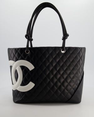 Chanel Black Vintage Cambon Ligne Tote Bag Quilted Lambskin Leather with White CC Logo