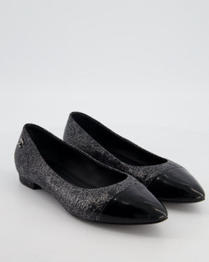 Chanel Black and Silver Metallic Crackled Ballet Flats with Patent Toe Cap Size EU 41.5