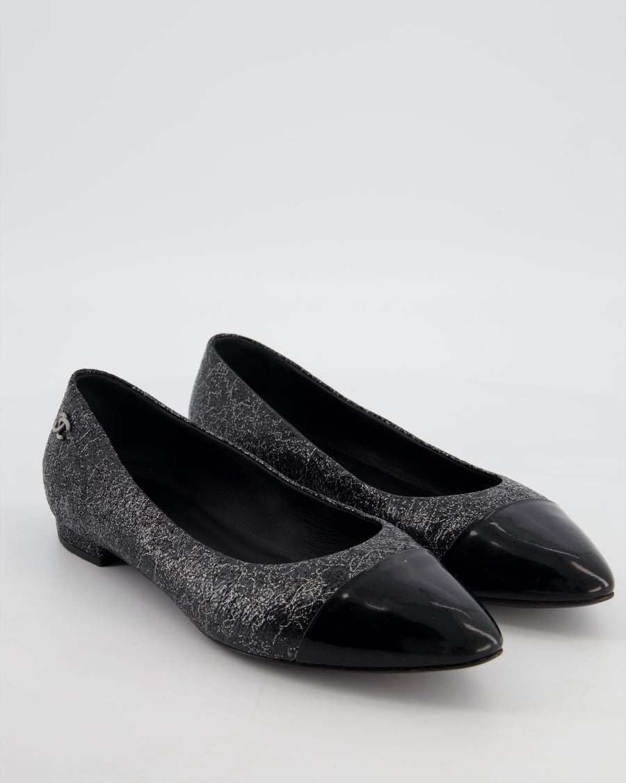 Chanel Black and Silver Metallic Crackled Ballet Flats with Patent Toe Cap Size EU 41.5