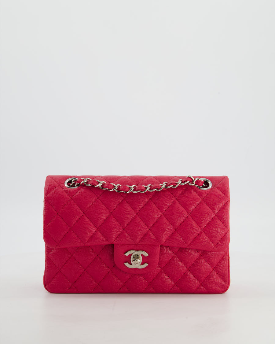 Chanel Fuchsia Pink Small Classic Double Flap Bag Caviar Leather with Silver Hardware