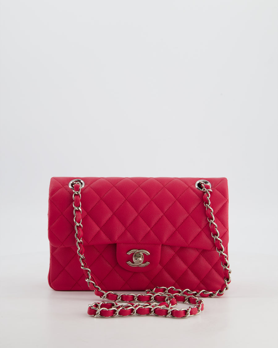 Chanel Fuchsia Pink Small Classic Double Flap Bag Caviar Leather with Silver Hardware