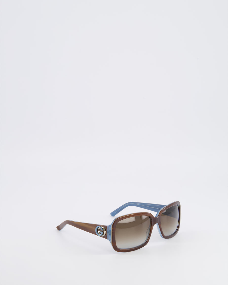 Gucci Brown Square GG3159/S Sunglasses with Blue Interior Detailing and Silver and Blue Interlocking G Logo