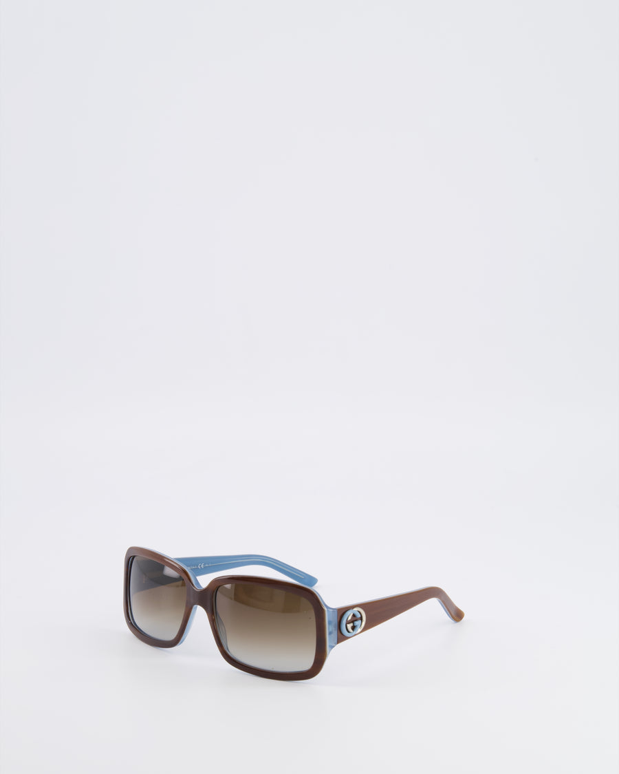 Gucci Brown Square GG3159/S Sunglasses with Blue Interior Detailing and Silver and Blue Interlocking G Logo