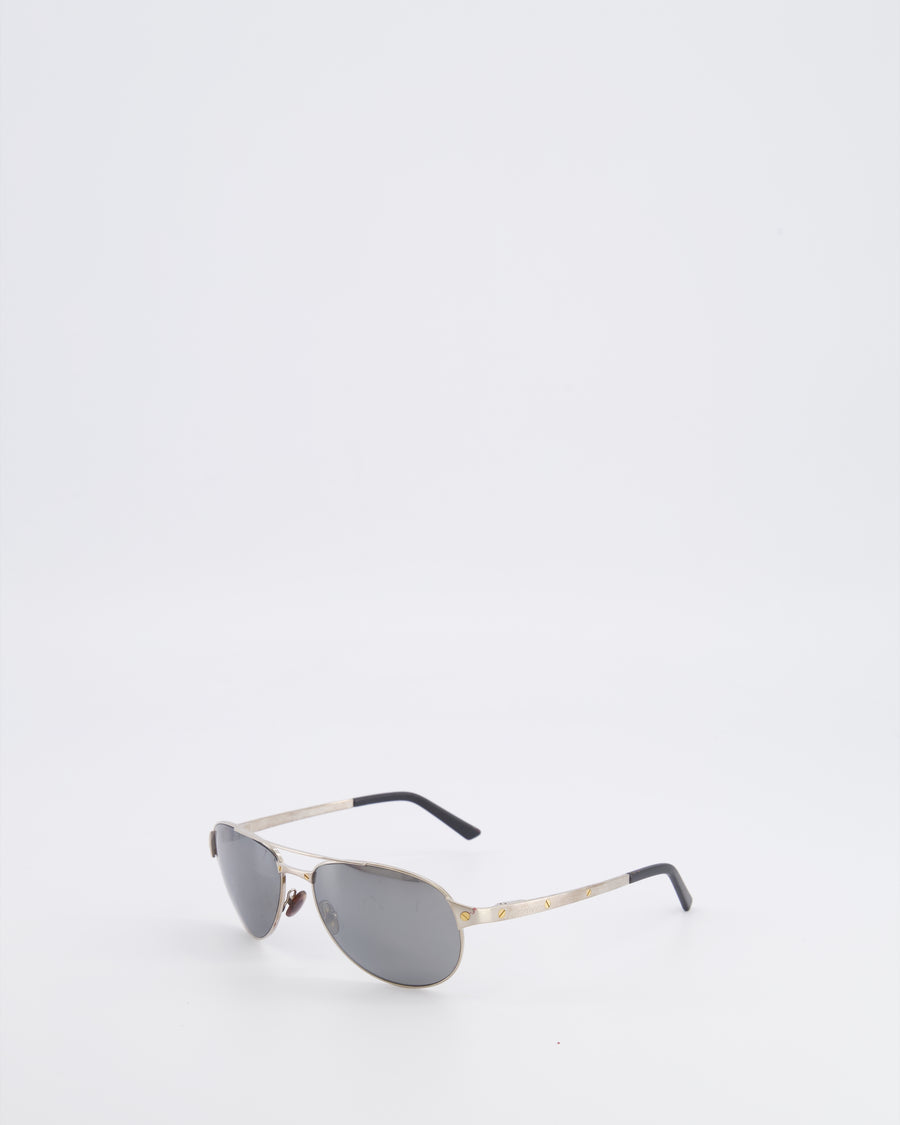 Cartier Brushed Silver Santos Aviator Sunglasses with Gold Screws and Silver Reflective Lenses