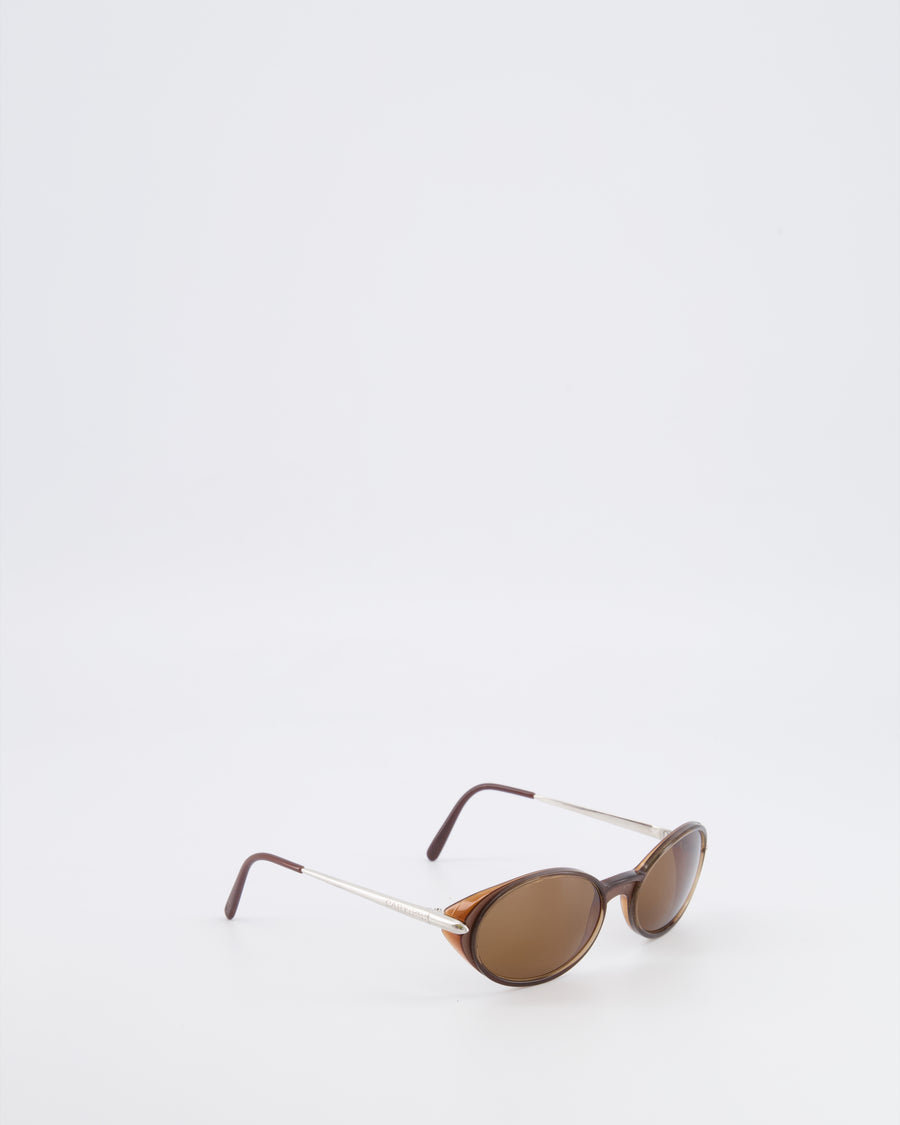 Cartier Brown Oval Aspen Sunglasses with Silver Arms and Engraved Logo Detail
