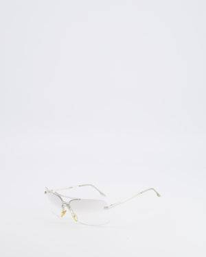Christian Dior Vintage Transparent Rimless Shield-Lens Mini Motard Sunglasses with Silver Arms and Engraved Logo Detail