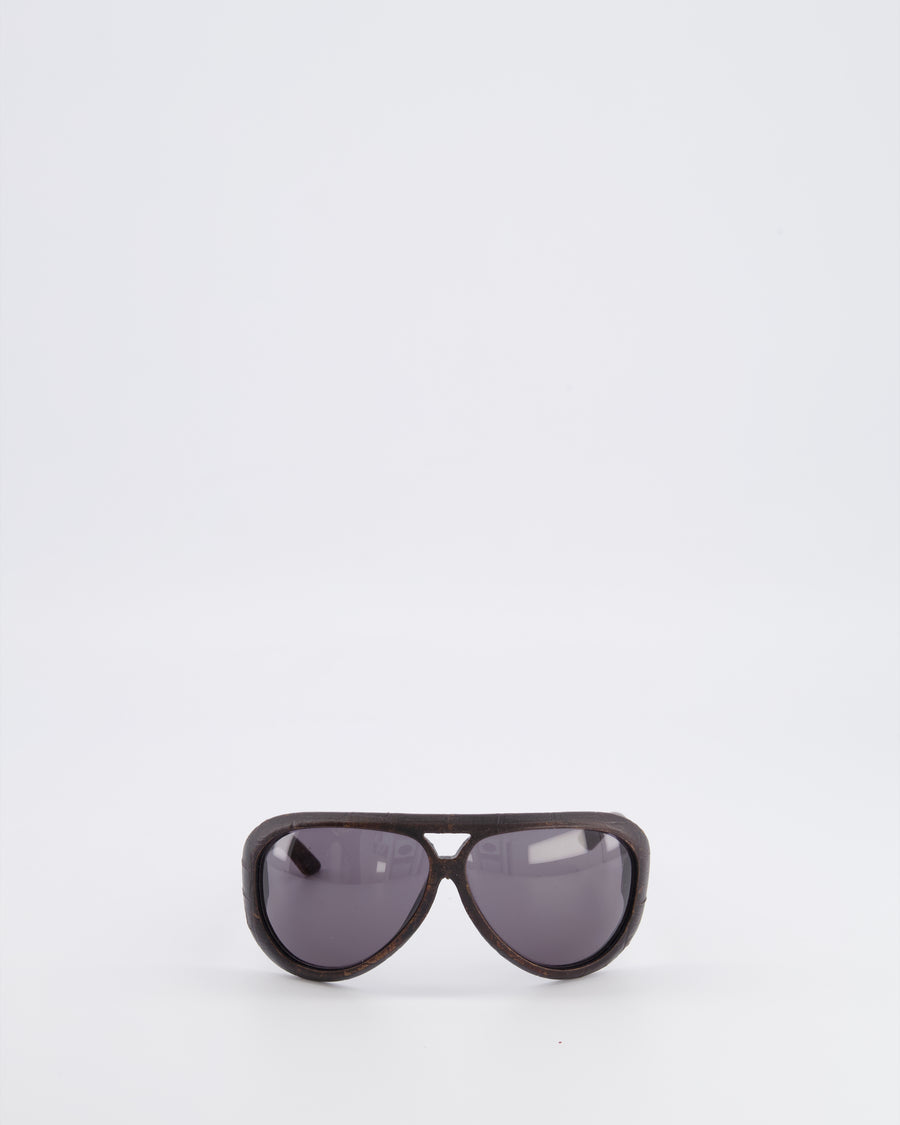 Christian Dior Wood Brown Leather Sunglasses with Silver Logo Detail