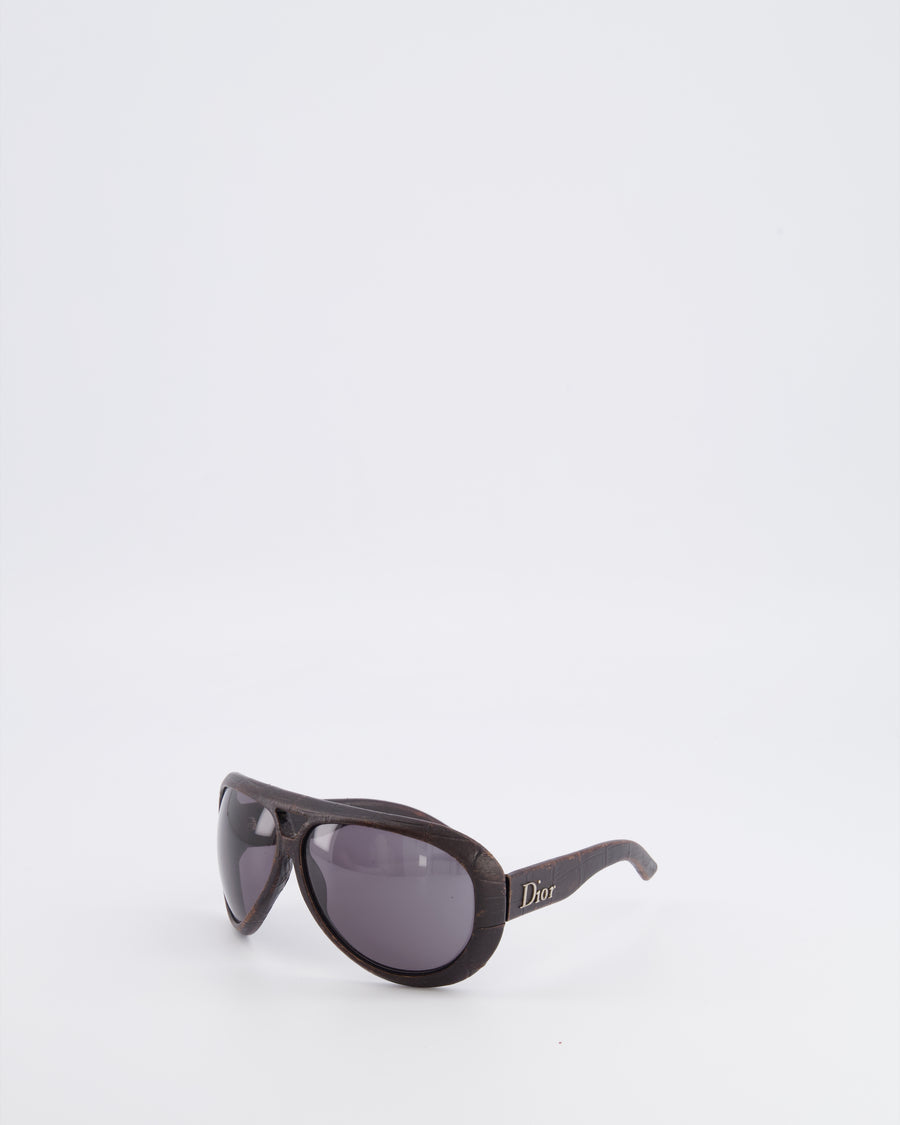 Christian Dior Wood Brown Leather Sunglasses with Silver Logo Detail