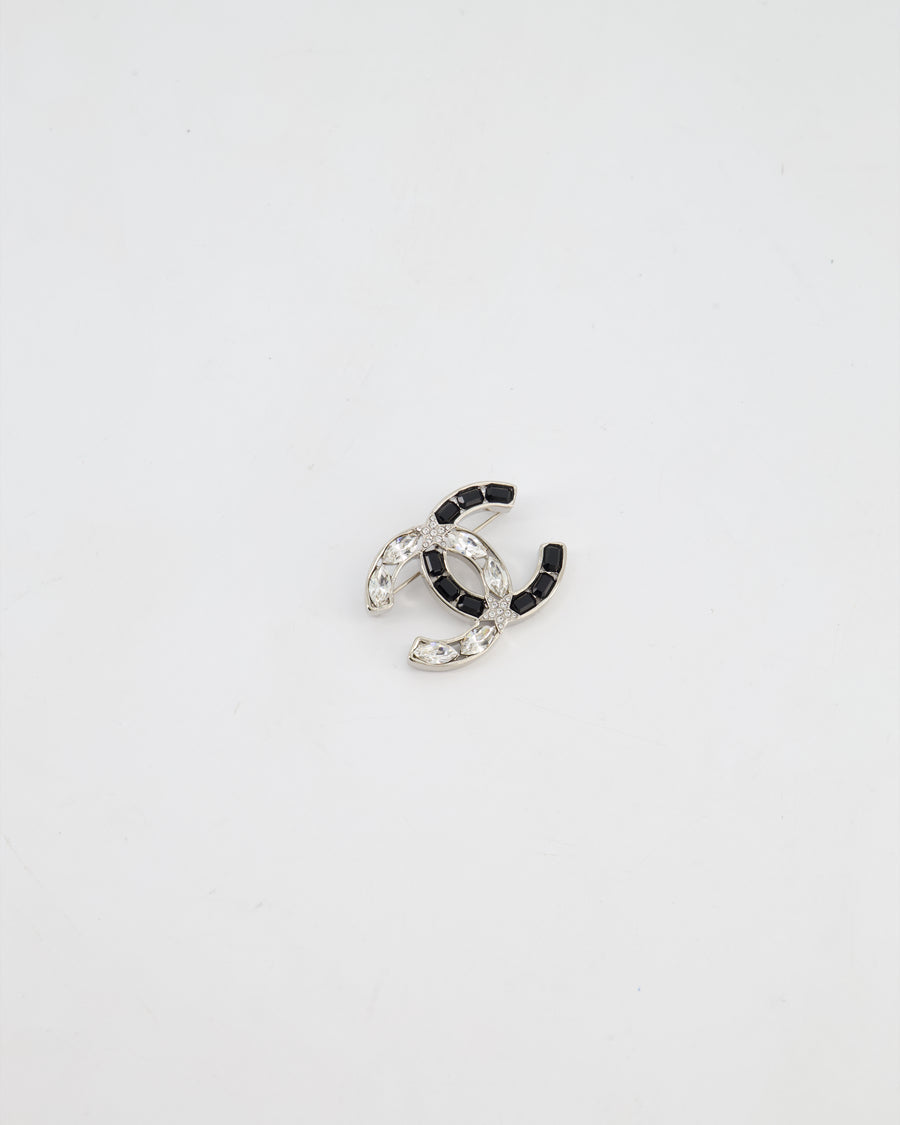 Chanel Silver, Black and Crystal CC Logo with Star Detail Brooch