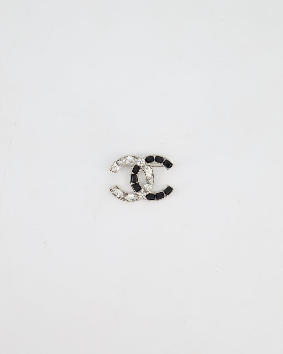 Chanel Silver, Black and Crystal CC Logo with Star Detail Brooch