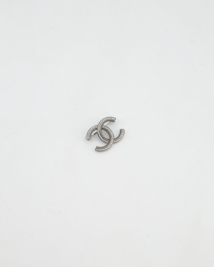 Chanel Gunmetal Silver CC Logo Brooch with Crystal Detail