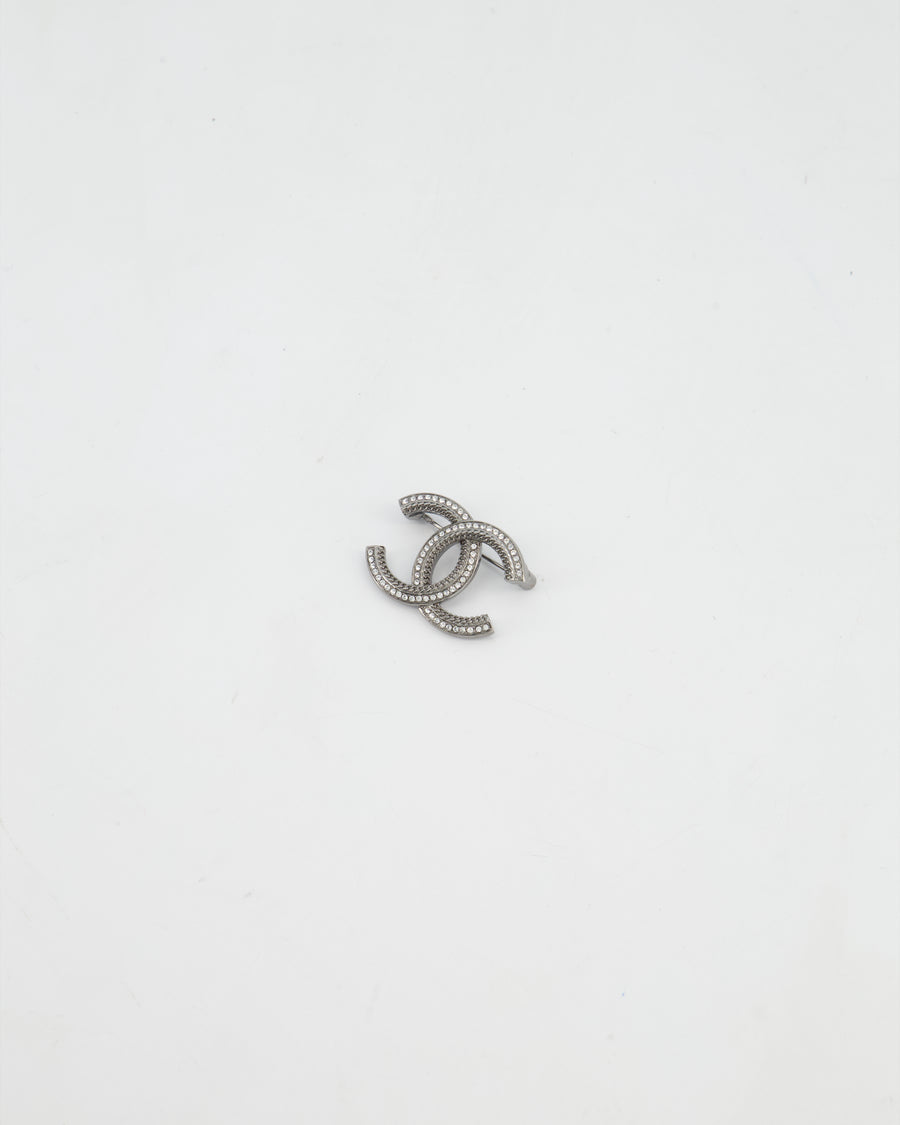 Chanel Gunmetal Silver CC Logo Brooch with Crystal Detail