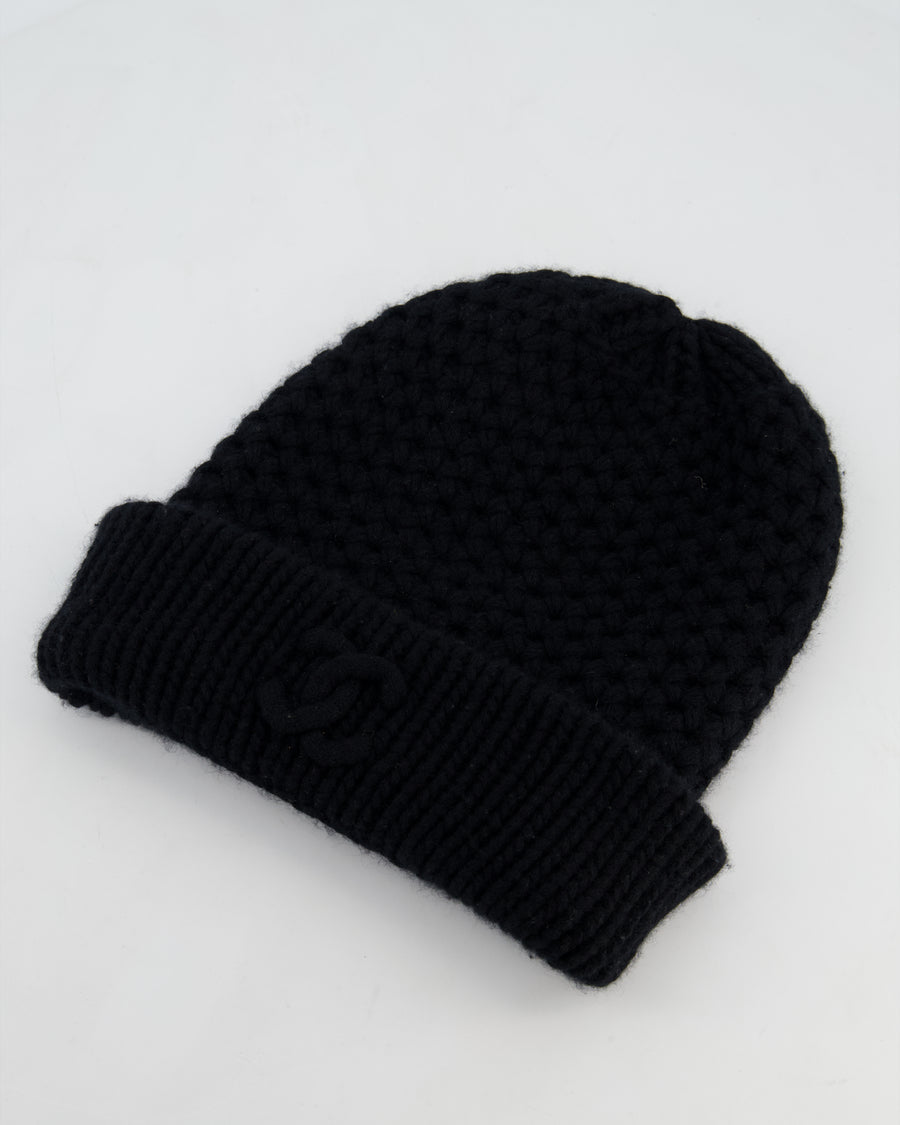 Chanel Black Cashmere Beanie Hat with CC Logo OS