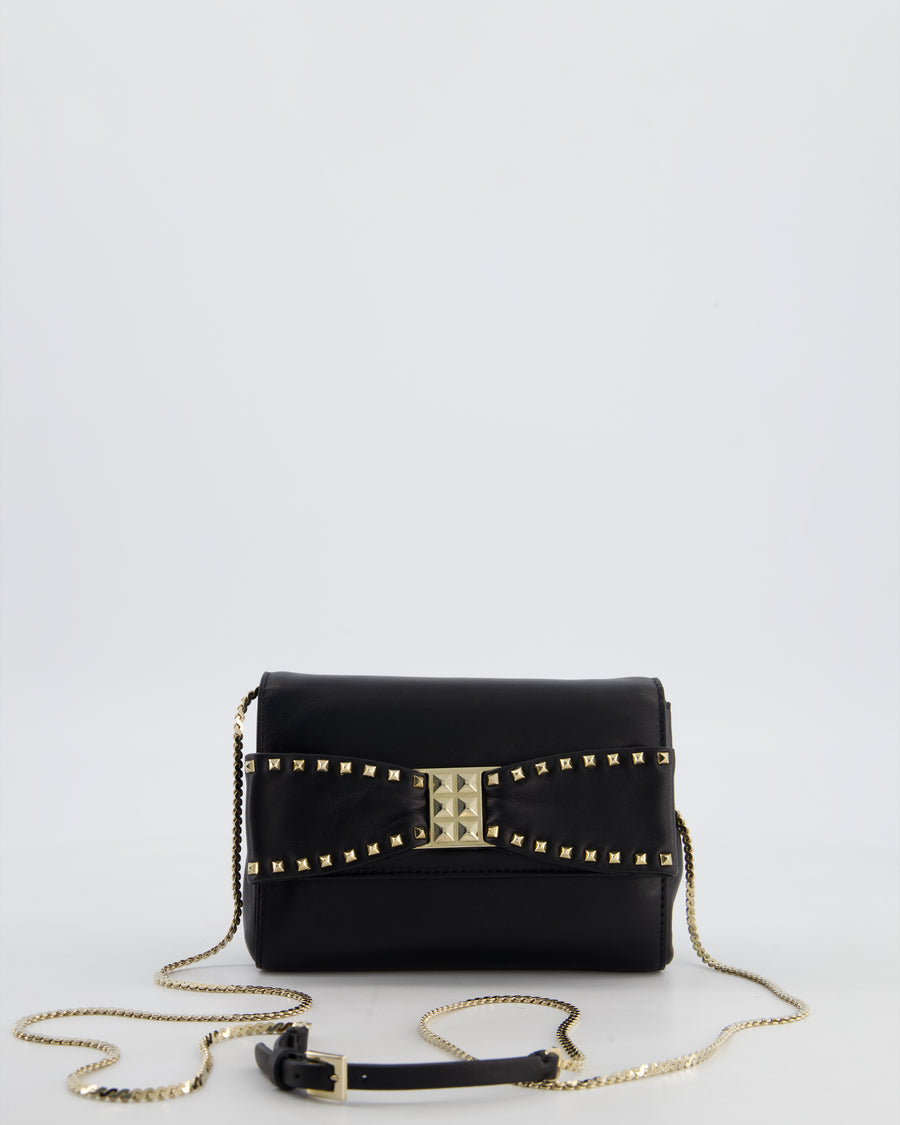 Valentino Black Mini Leather Rockstud Bow Crossbody Bag with Champagne Gold Hardware
