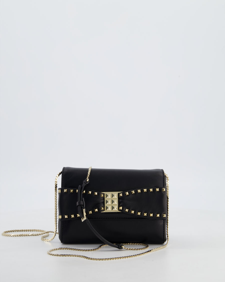 Valentino Black Mini Leather Rockstud Bow Crossbody Bag with Champagne Gold Hardware