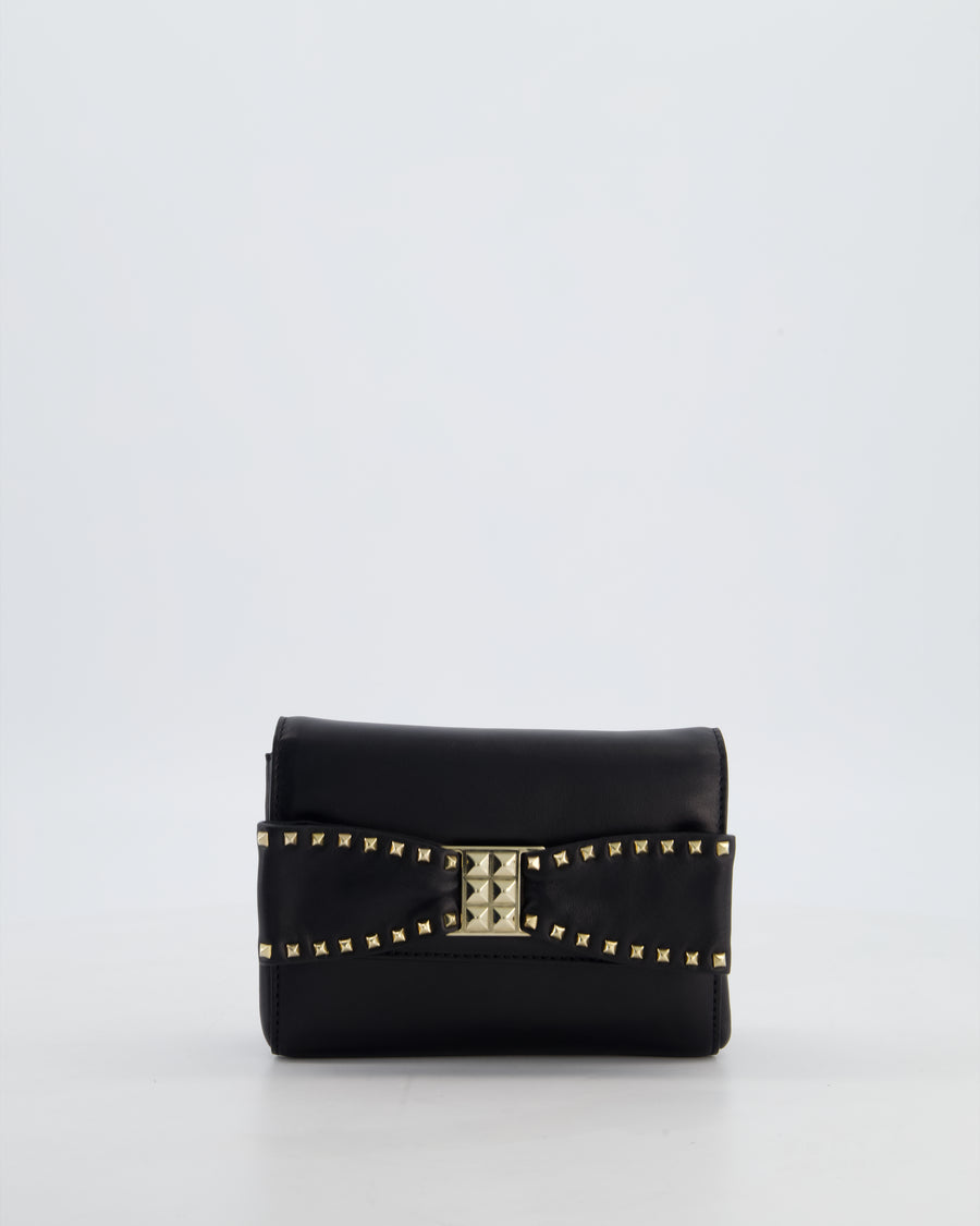 Valentino Black Mini Leather Rockstud Bow Crossbody Bag with Champagne Gold Hardware