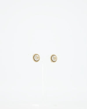 Chanel Small Champagne Gold Dome Earrings Pearl Detail and CC Logo
