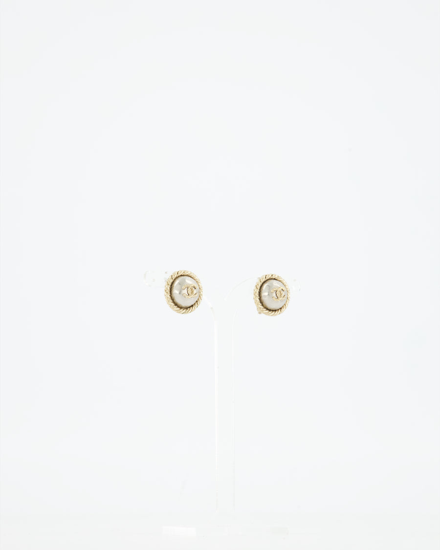 Chanel Small Champagne Gold Dome Earrings Pearl Detail and CC Logo