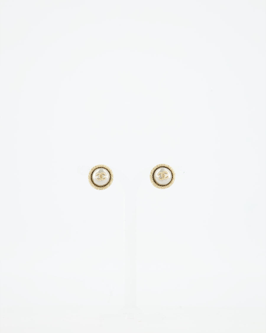 Chanel Small Champagne Gold Dome Earrings Pearl Detail and CC Logo