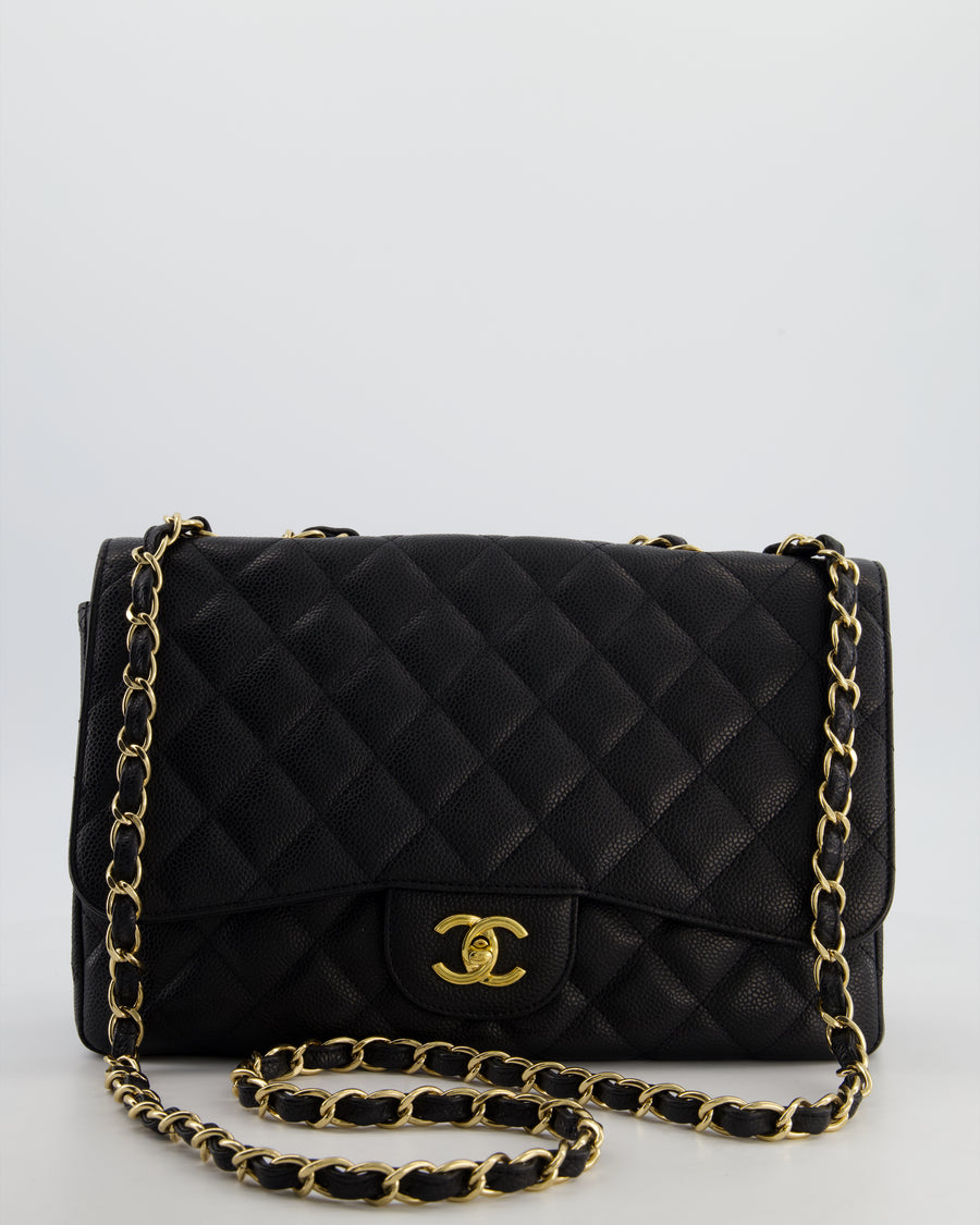 Chanel Black Jumbo Classic Single Flap Bag in Caviar Leather with Gold Hardware