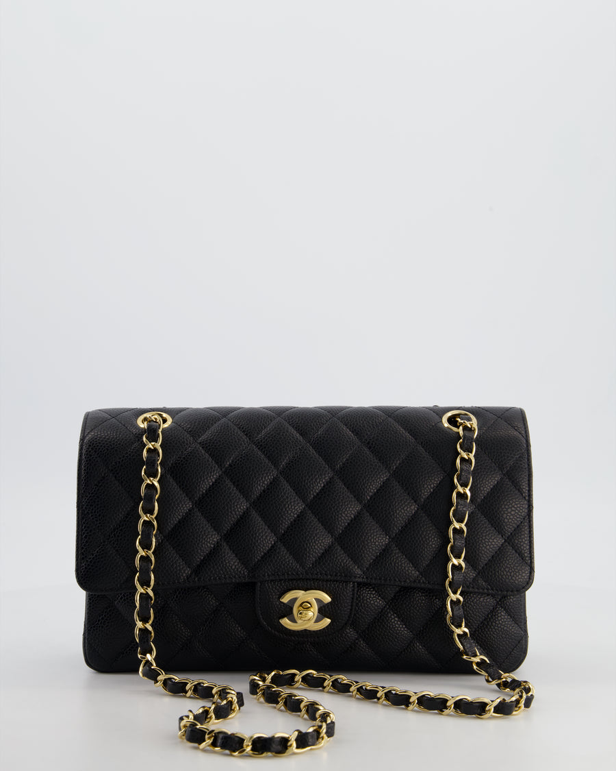 Chanel Medium Black Stitched Edge Classic Double Flap Bag in Caviar Leather with Gold Hardware