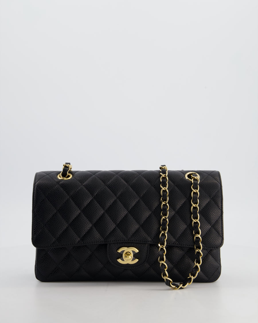 Chanel Medium Black Stitched Edge Classic Double Flap Bag in Caviar Leather with Gold Hardware