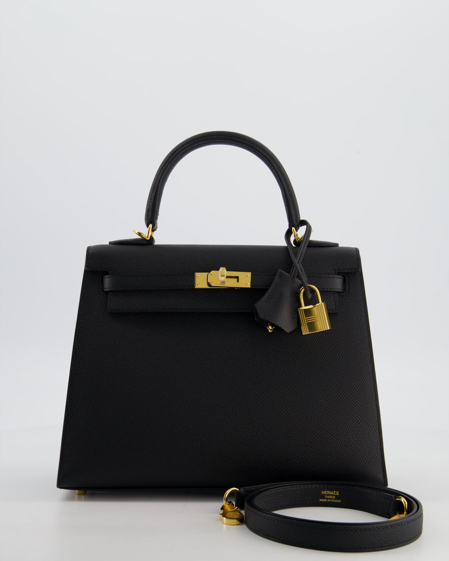 *HOT* Hermès Kelly 25 Sellier Bag in Noir Epsom Leather with Gold Hardware