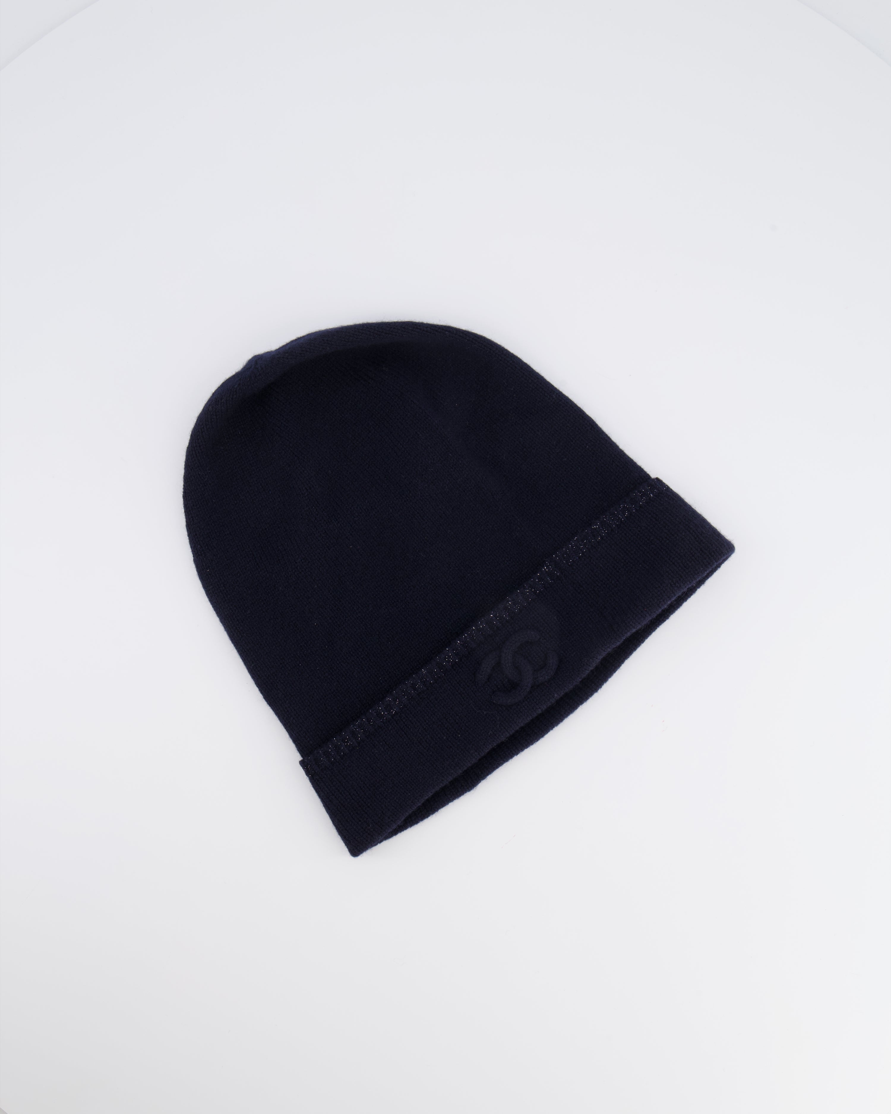 Chanel Navy Cashmere Beanie Hat with CC Logo One Size – Sellier