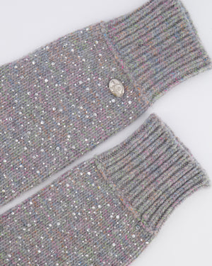 Chanel Grey and Multi-Colour Wool Knitted Long Mitten Gloves with Silver Sequin Embellishments Size M&nbsp;