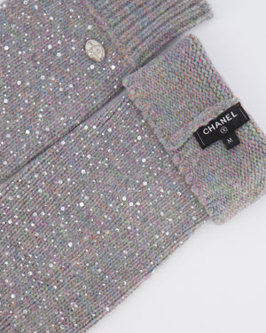 Chanel Grey and Multi-Colour Wool Knitted Long Mitten Gloves with Silver Sequin Embellishments Size M&nbsp;