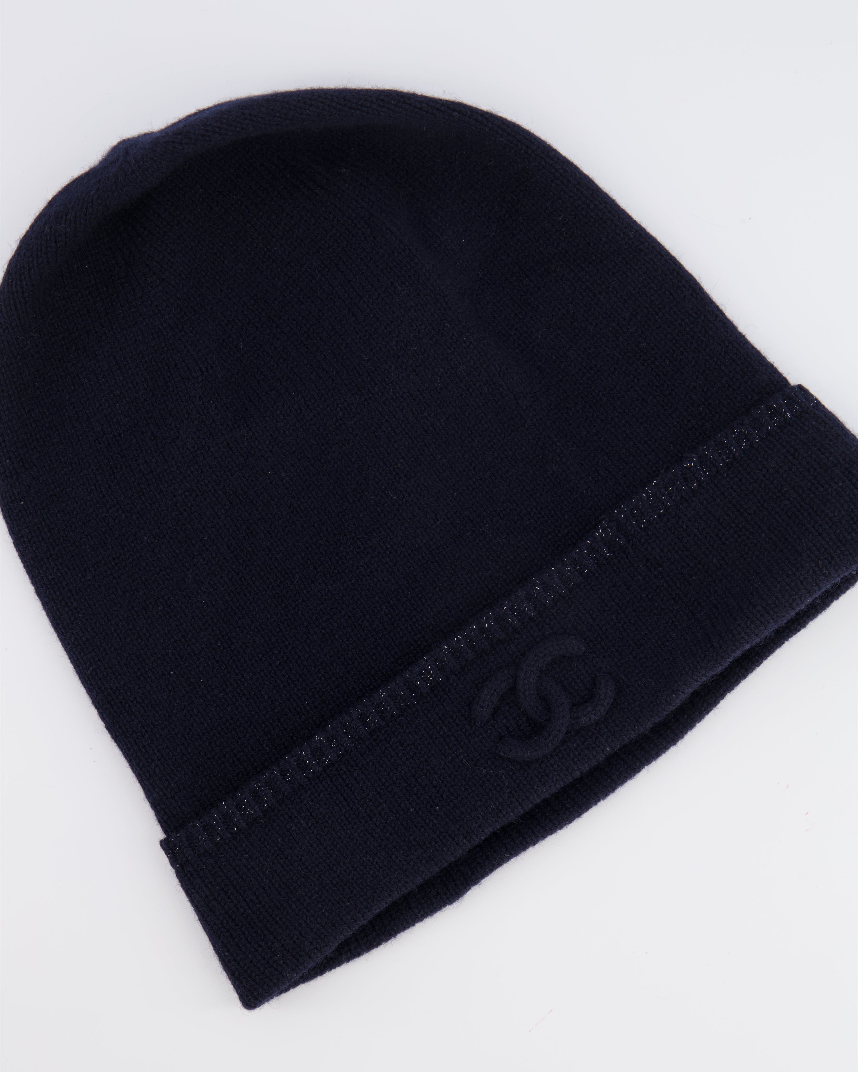 Chanel Navy Cashmere Beanie Hat with CC Logo One Size – Sellier