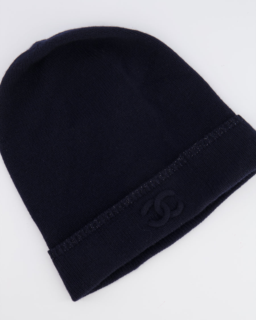 Chanel Navy Cashmere Beanie Hat with CC Logo One Size