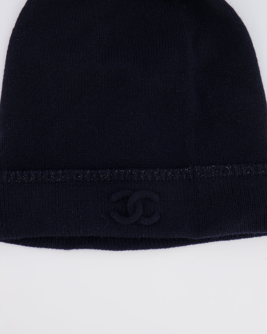 Chanel Navy Cashmere Beanie Hat with CC Logo One Size