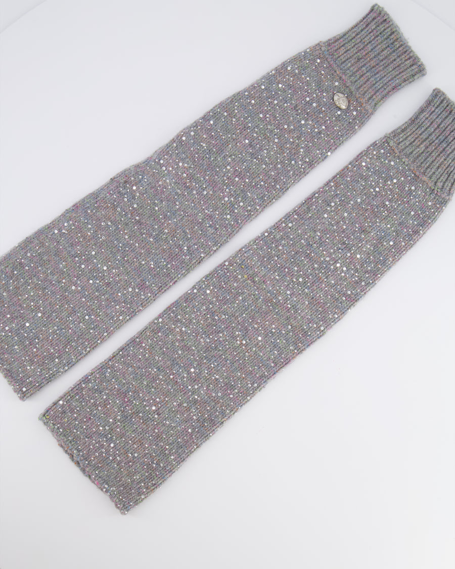 Chanel Grey and Multi-Colour Wool Knitted Long Mitten Gloves with Silver Sequin Embellishments Size M&nbsp;