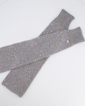 Chanel Grey and Multi-Colour Wool Knitted Long Mitten Gloves with Silver Sequin Embellishments Size M&nbsp;