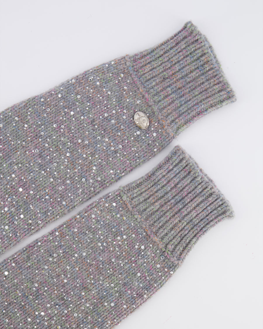 Chanel Grey and Multi-Colour Wool Knitted Long Mitten Gloves with Silver Sequin Embellishments Size M&nbsp;