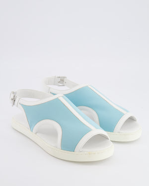 Hermès White Leather and Light Blue Canvas Sandals with Palladium Buckle Size 38